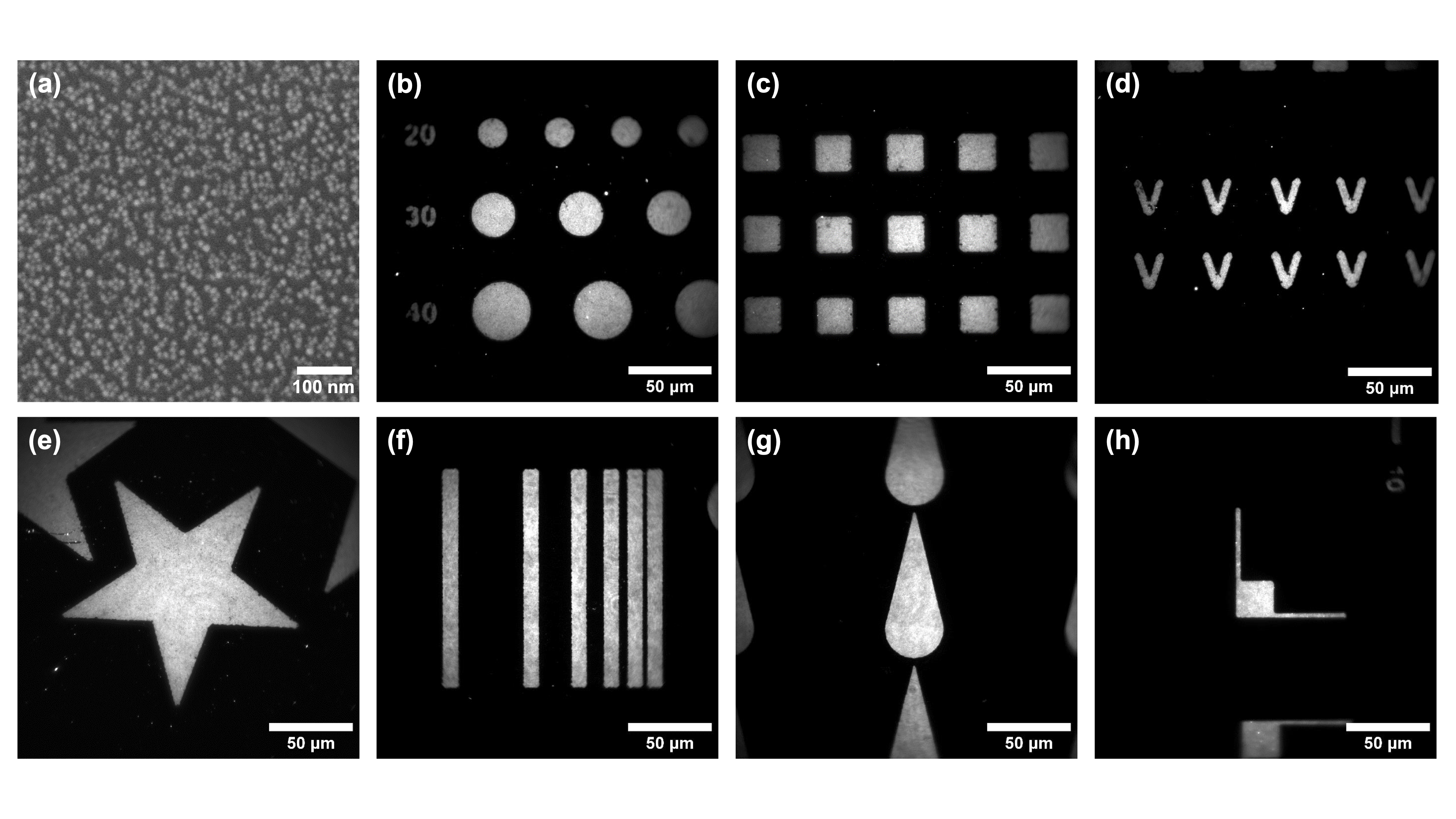 SEM image of a QD monolayer and various QD micropatterns